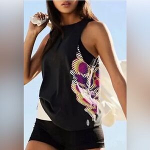 FP Movement by Free People Black Tank Top with Pink and Purple Accents